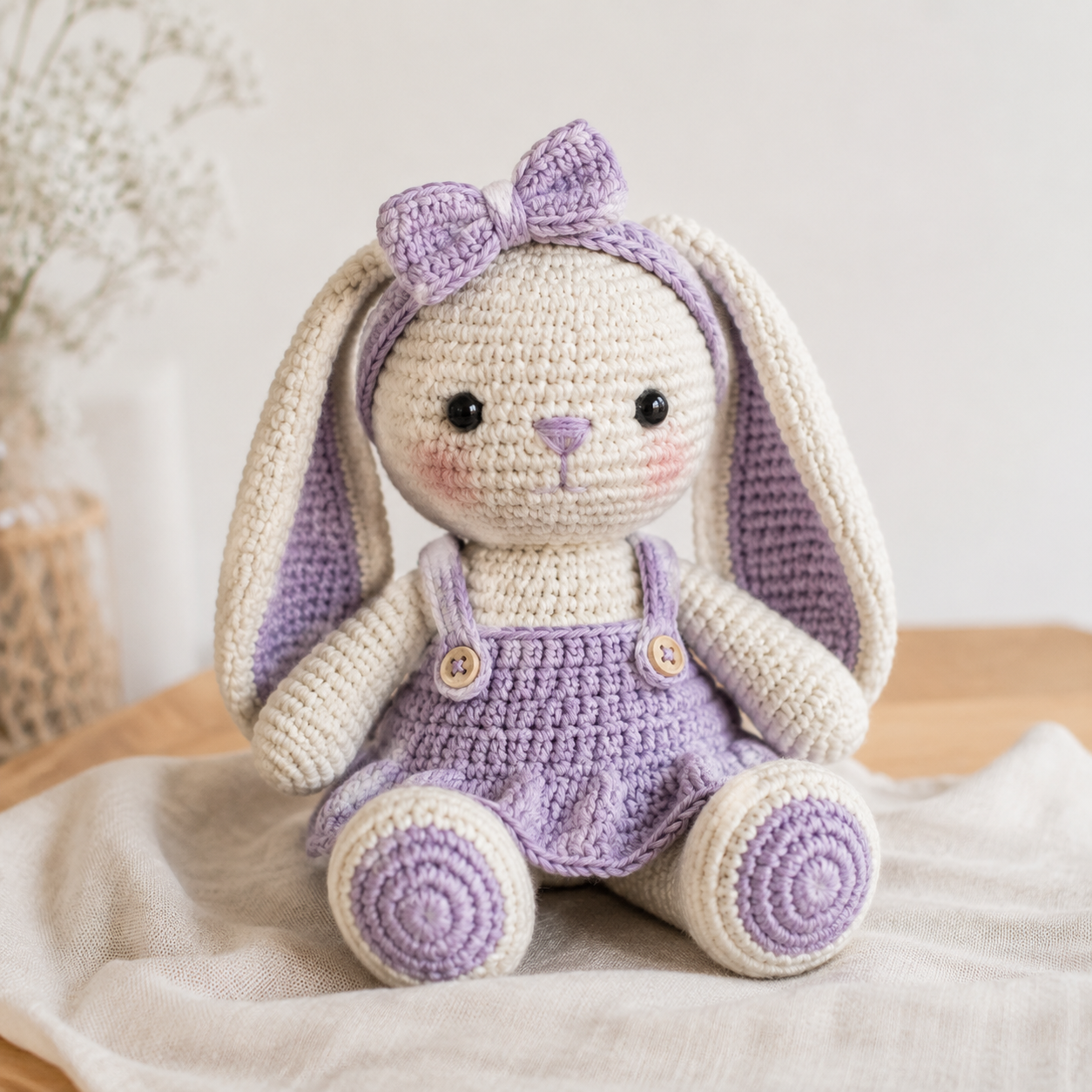 Coelhinho amigurumi em crochê creme e lilás