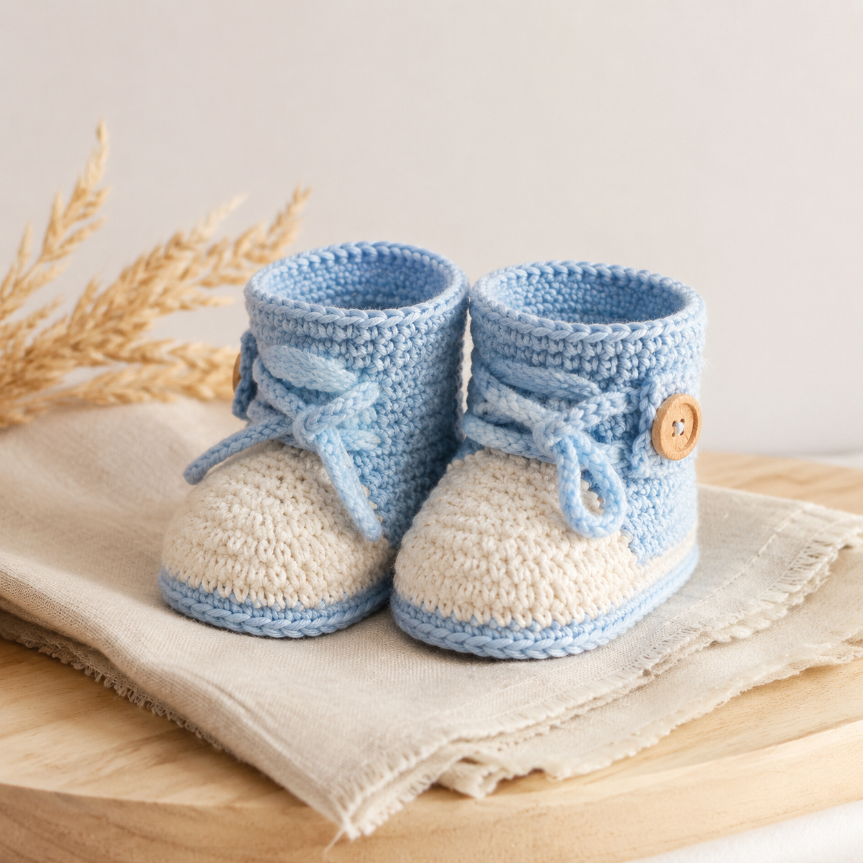 Par de botinhas de bebê em crochê azul e creme