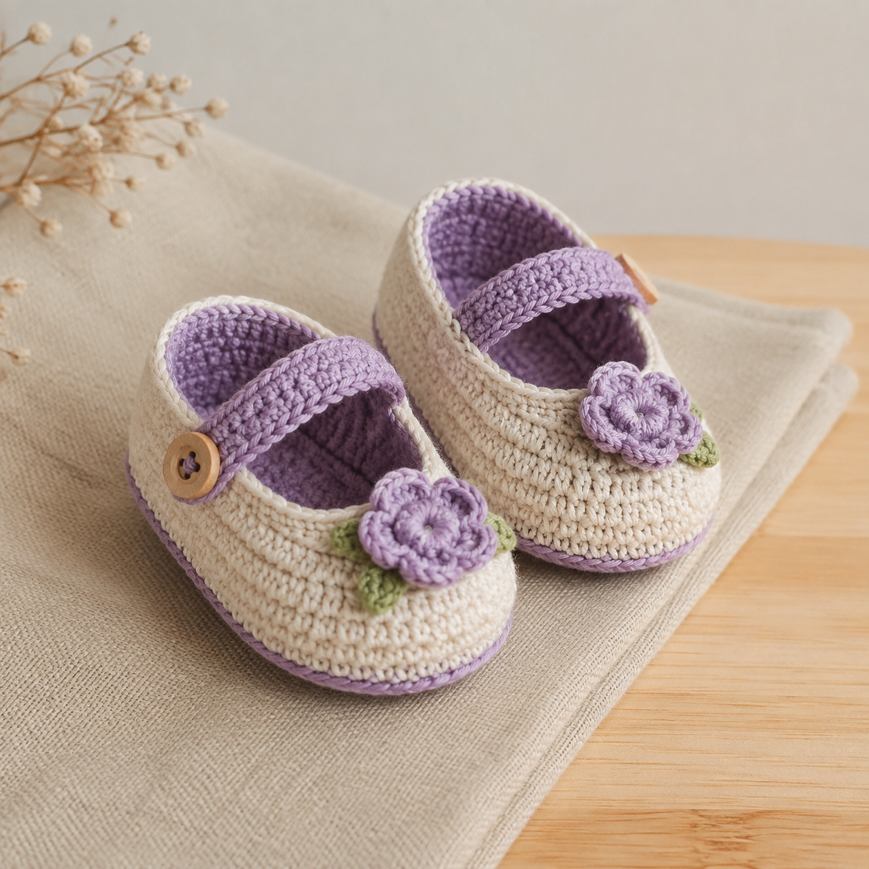 Sapatinhos de bebê em crochê creme e lilás